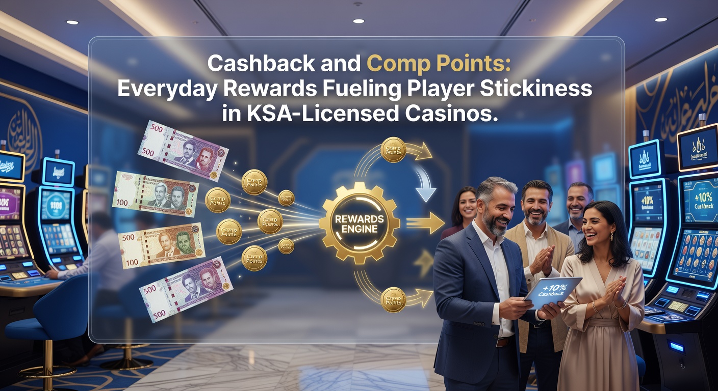 Schermafbeelding van een casino-app met comp points-dashboard en cashback-melding, typisch voor KSA-platforms