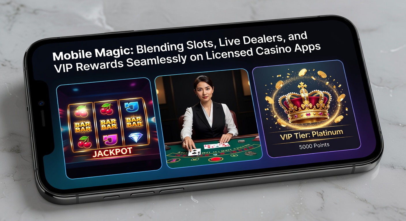 Mobiele interface met live dealer blackjack naast slots en VIP-loyalty tracker