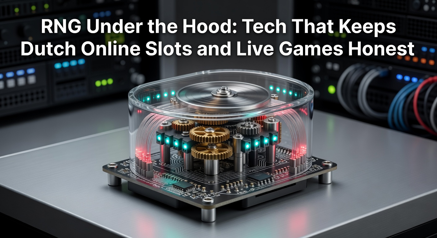 Schematische weergave van een RNG-algoritme in actie bij een online slotmachine, met willekeurige getallen die rollen bepalen