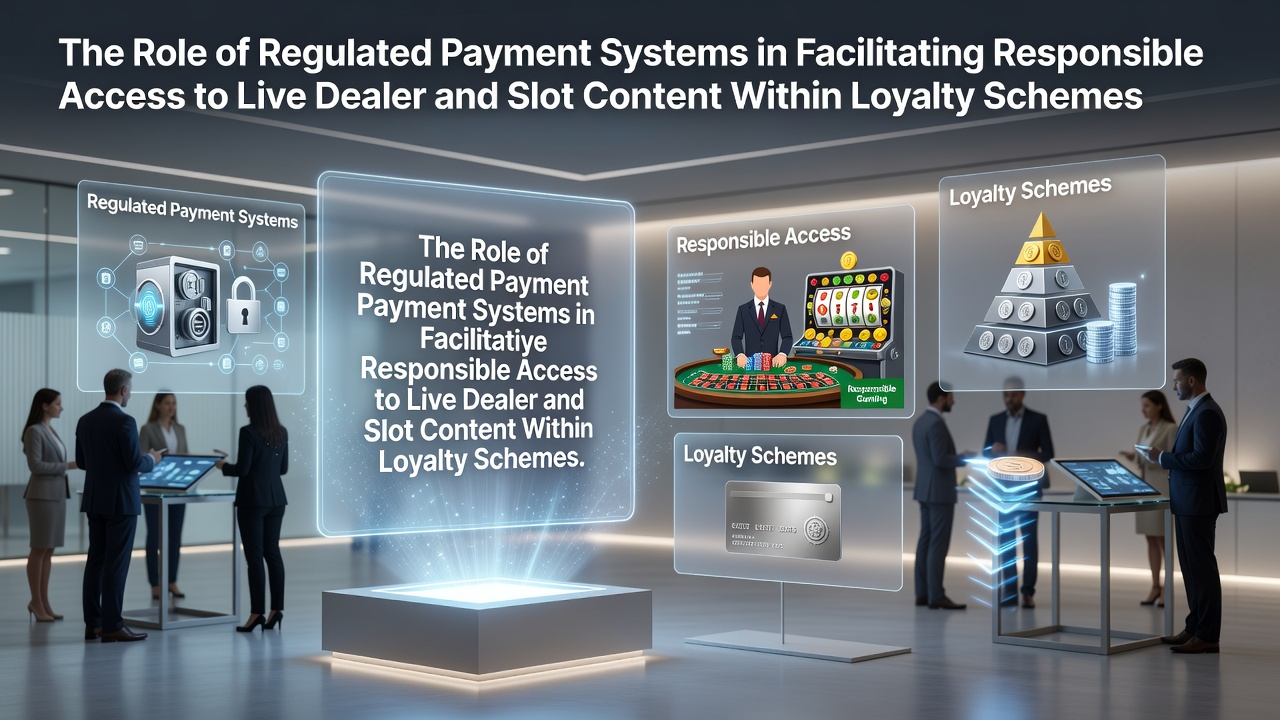 Illustratie van gereguleerde betalingssystemen die verantwoorde toegang tot live dealer en slot content in loyaliteitsprogramma's faciliteren