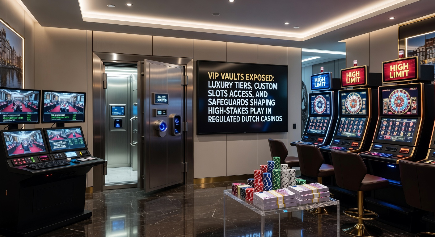 Luxe VIP-lounge in een Nederlands casino met gouden slots en beveiligde vaults